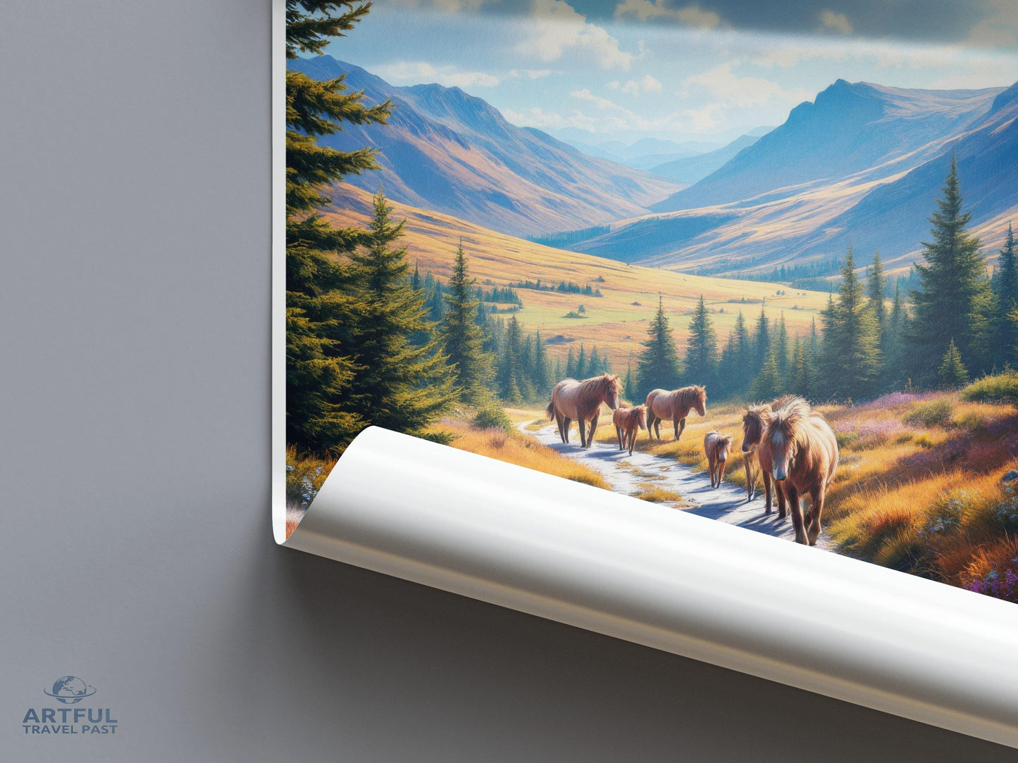 Scenic horse landscape poster, Nature wall art, Mountain valley print, Wild horses decor, Living room artwork, Peaceful scenery