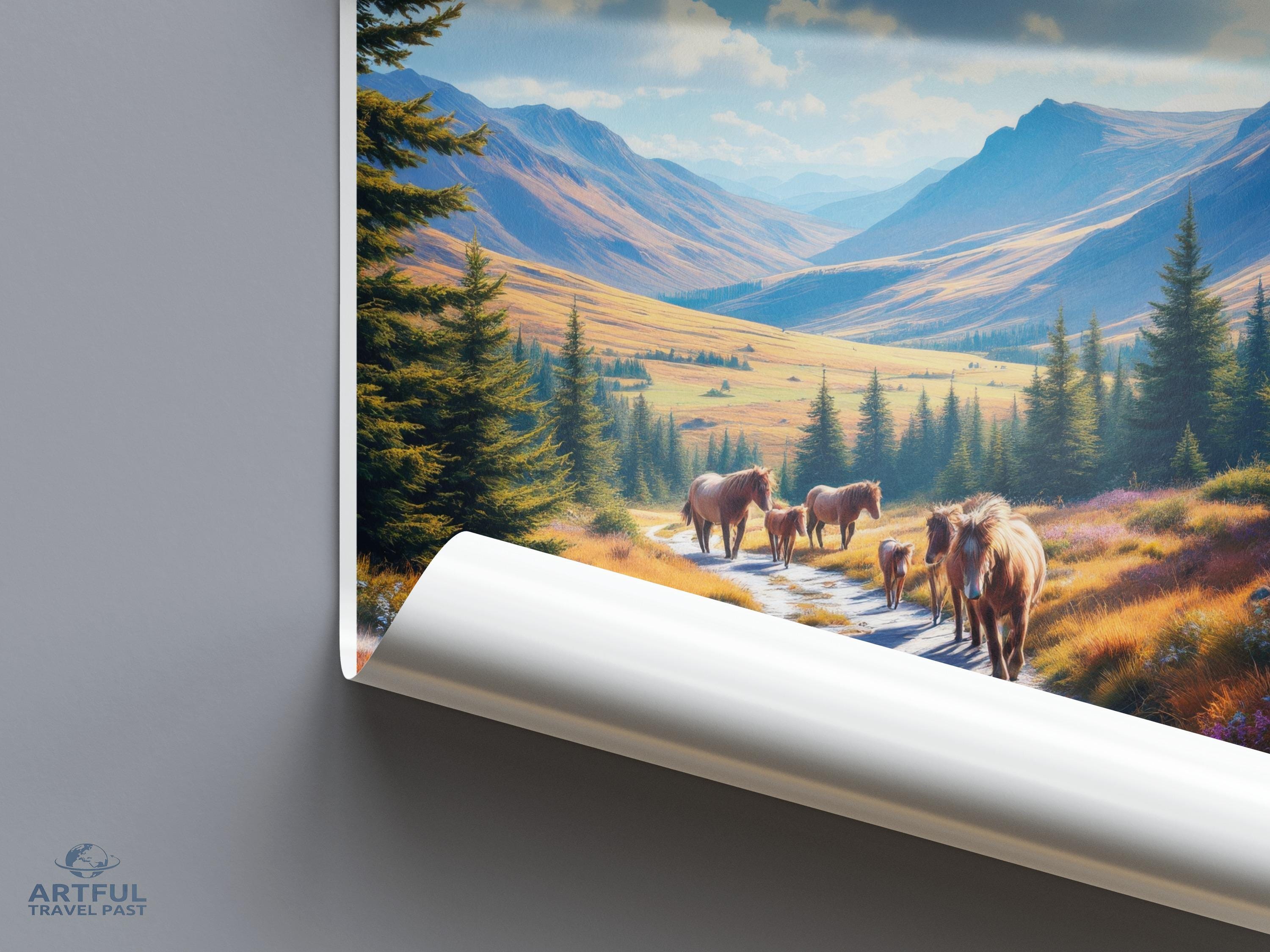 Scenic horse landscape poster, Nature wall art, Mountain valley print, Wild horses decor, Living room artwork, Peaceful scenery
