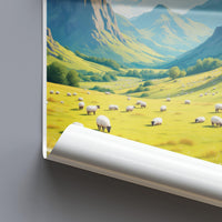 Scenic countryside landscape poster, wall art print, home decor, nature illustration, serene sheep meadow, mountain view