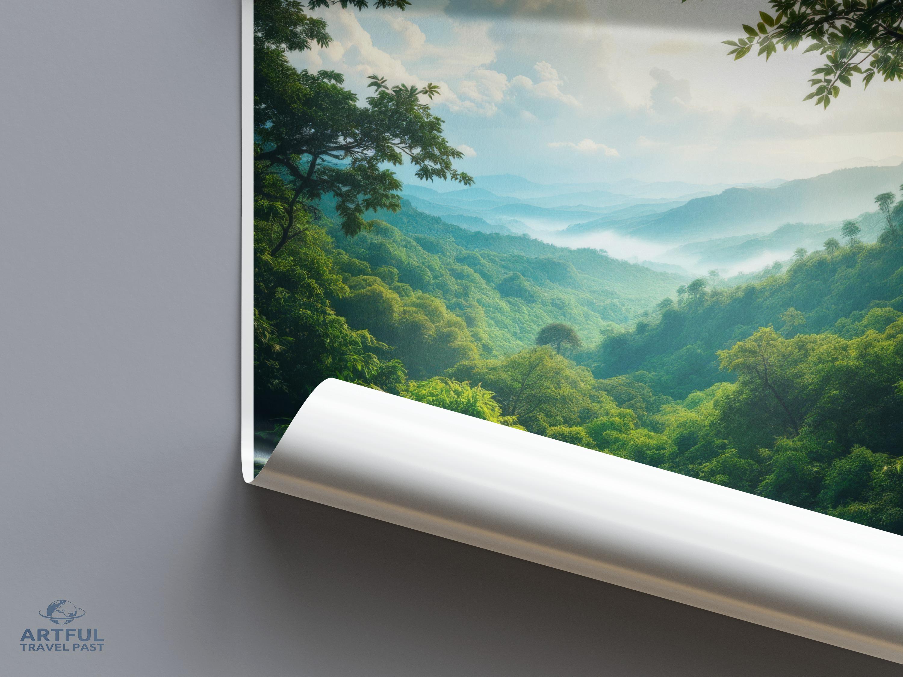 Scenic Nature Wall Art, Landscape Poster of Lush Green Forest, Serene Mountain View Print, Tranquil Nature Decor for Living Room