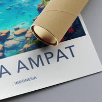 Raja Ampat travel poster, Indonesia print wall art, tropical beach artwork, travel decor for home, ocean scene illustration