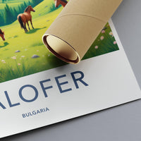 Kalofer Bulgaria Travel Poster, Retro Wall Art, Scenic Landscape Print, Colorful Home Decor, Horse Pasture Artwork