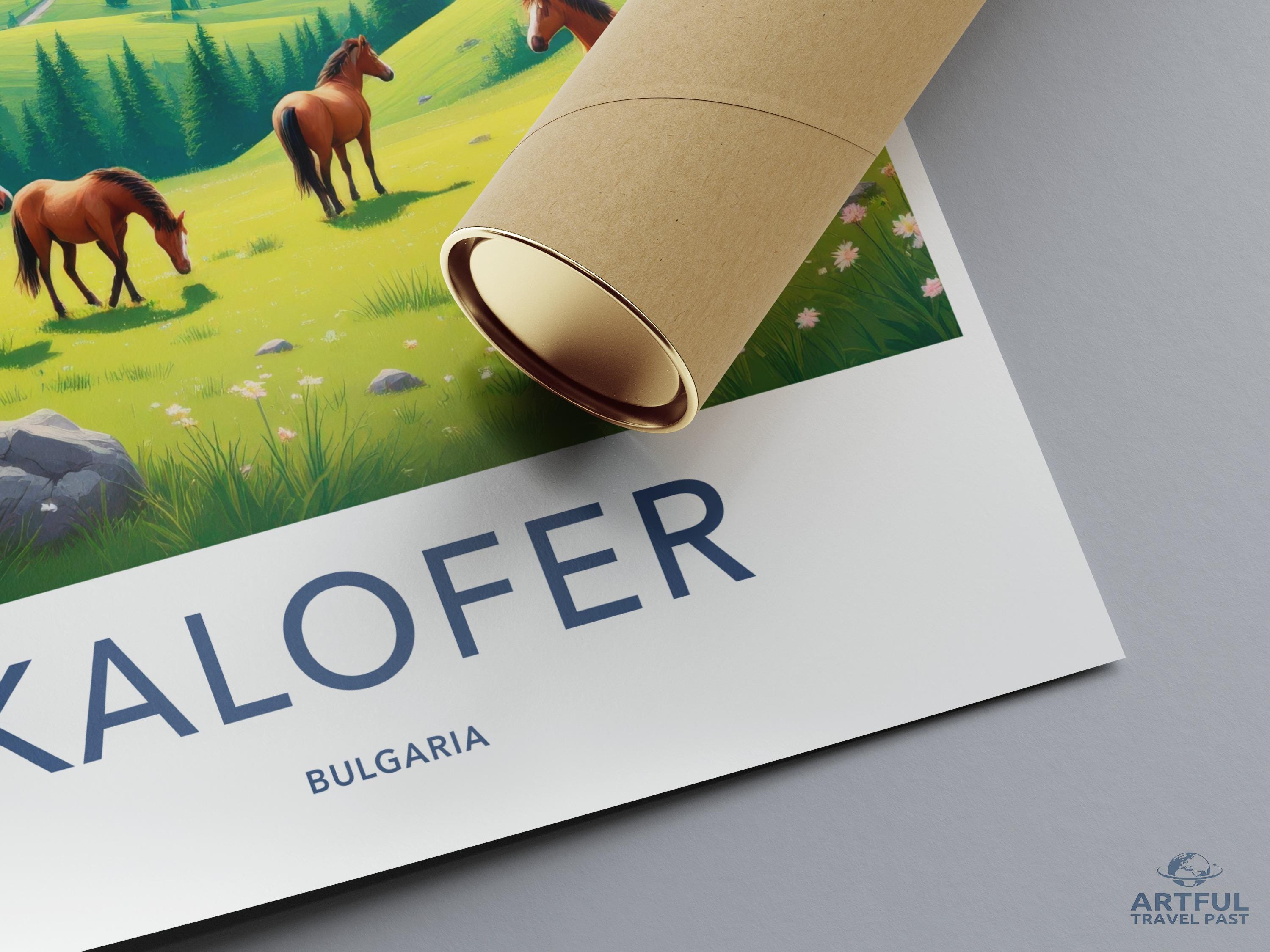Kalofer Bulgaria Travel Poster, Retro Wall Art, Scenic Landscape Print, Colorful Home Decor, Horse Pasture Artwork