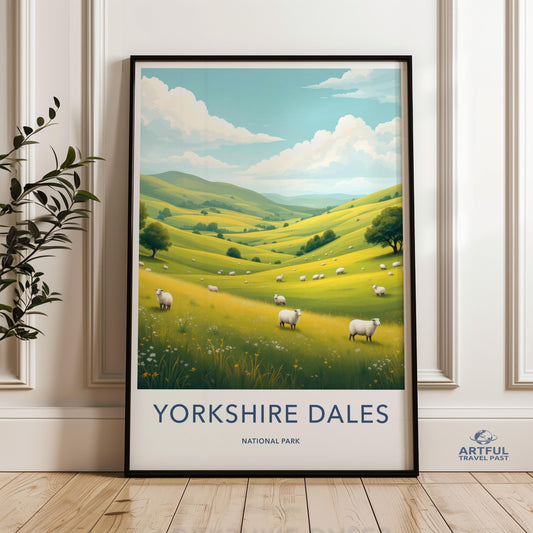 Yorkshire Dales National Park Wall Art, Nature Landscape Print, Green Hills Sheep Grazing, Countryside Decor Poster