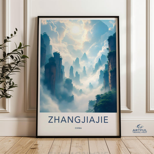Zhangjiajie China travel poster, Scenic landscape wall art, Mountain nature photography print, Foggy forest decor, Adventure home wall decor