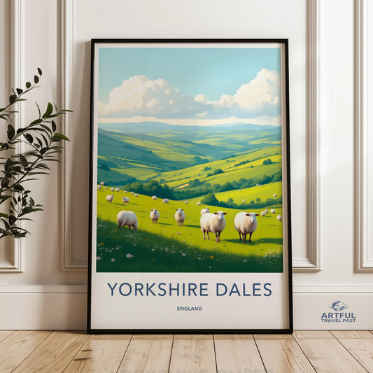 Yorkshire Dales Landscape Art, UK Countryside Wall Decor, Pastoral Farmhouse Scene Print, Green Hills with Sheep Poster
