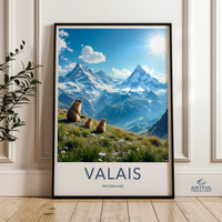 Valais Switzerland Wall Art, Nature Landscape Poster, Mountain View Print, Cute Marmots Decor, Alpine Scenery Artwork