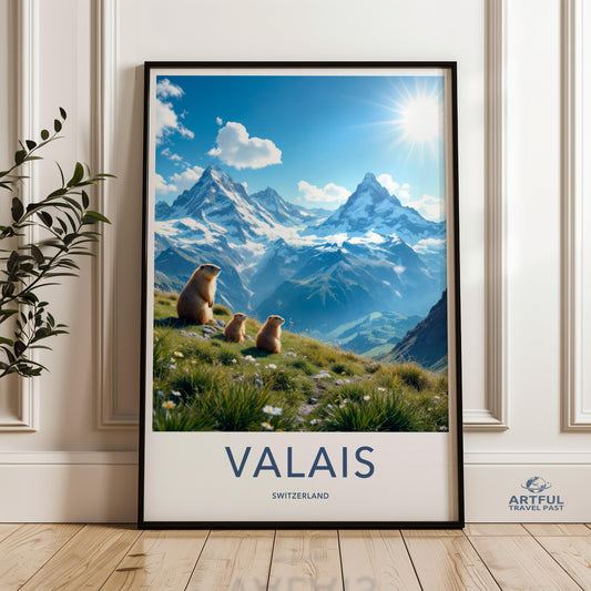 Valais Switzerland Wall Art, Nature Landscape Poster, Mountain View Print, Cute Marmots Decor, Alpine Scenery Artwork