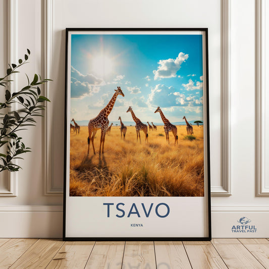 Giraffe Wall Art Print, Tsavo Kenya Poster, African Safari Decor, Wildlife Photography, Sunlit Savanna, Nature Art, Animal Wall Art