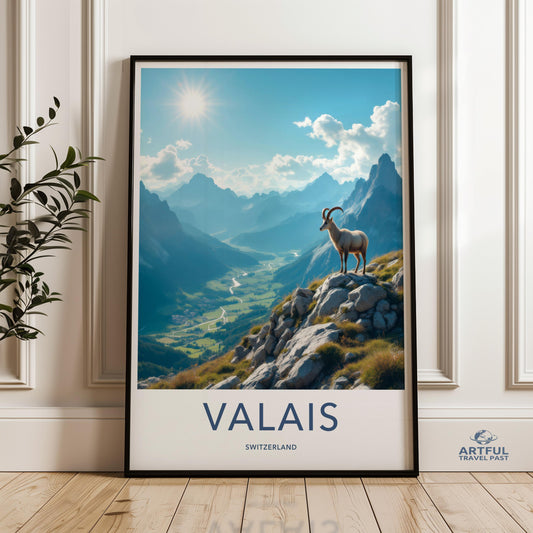 Valais Switzerland Wall Art, Mountain Goat Poster, Scenic Mountain Print, Alpine Landscape Decor, Nature Photography Wall Art
