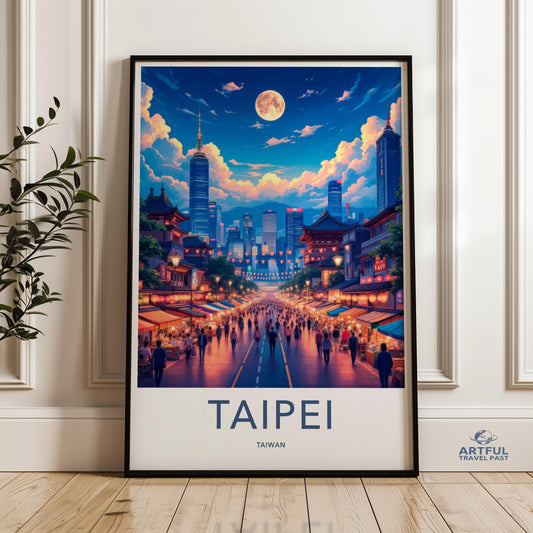 Taipei Cityscape Wall Art, Moonlit Night Taiwan Street, Urban Skyline Print, Oriental Nightlife Scene, Vibrant Metropolis Artwork