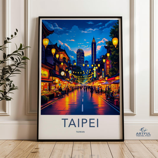 Taipei Taiwan Cityscape Wall Art, Night Market Poster Print, Vibrant Urban Decor, Travel Themed Home Decor, Illuminated Street Scene