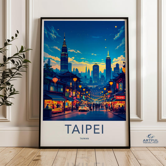 Taipei Cityscape Wall Art, Night Market Skyline Print, Modern Urban Decor, Vibrant Asian Street Poster, City Night Lights Artwork