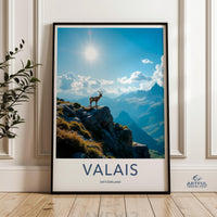 Valais Switzerland travel poster, Swiss Alps mountain wall art, Alpine scenery print, goat on rock artwork, nature landscape decor