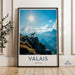 Valais Switzerland travel poster, Swiss Alps mountain wall art, Alpine scenery print, goat on rock artwork, nature landscape decor