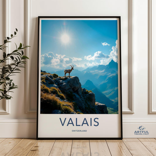 Valais Switzerland travel poster, Swiss Alps mountain wall art, Alpine scenery print, goat on rock artwork, nature landscape decor
