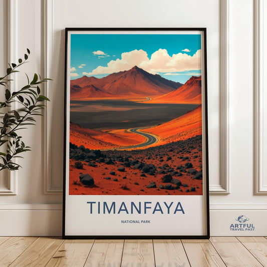 Timanfaya National Park Art Print, Desert Mountain Nature Poster, Scenic Landscape Wall Decor, Vibrant Red Terrain Artwork