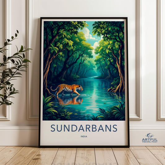 Sundarbans Wall Art Print, Tiger Artwork Poster, Jungle Nature Decor, Wildlife Illustration, India Landscape, Animal Wall Hanging