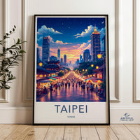 Taipei skyline wall art print, vibrant cityscape poster, night market scene art, Taiwan travel decor, city lights artwork