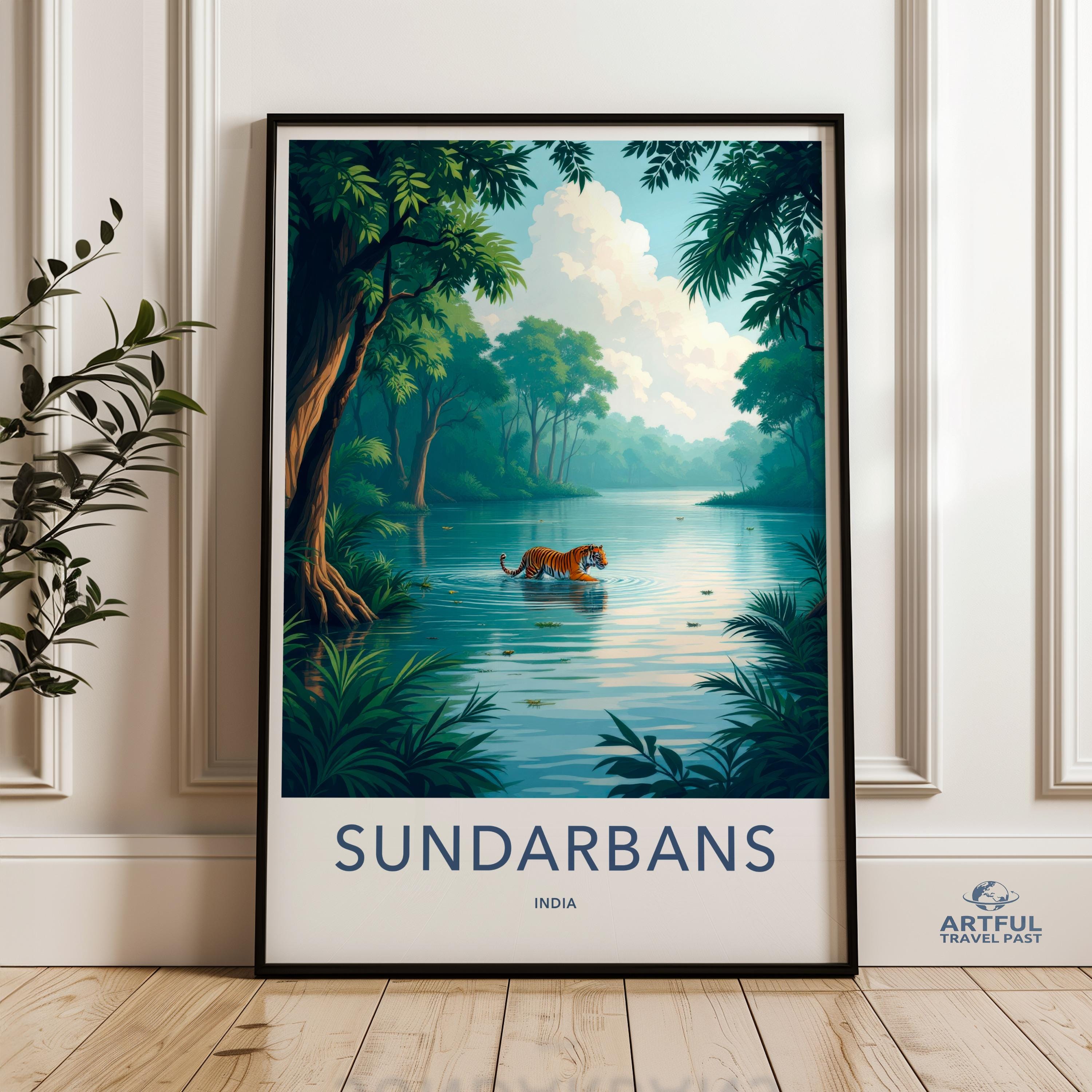 Sundarbans Wildlife Poster, Indian Tiger Wall Art, Jungle Landscape Print, Nature Decor for Home, Travel Artwork, Animal Lover Gift