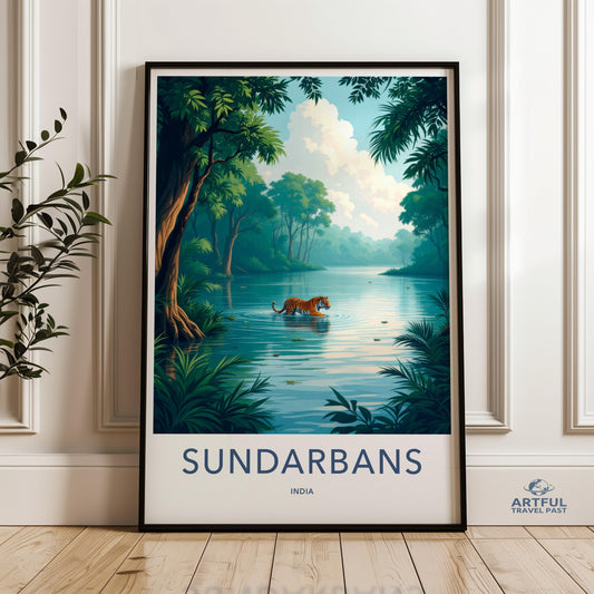 Sundarbans Wildlife Poster, Indian Tiger Wall Art, Jungle Landscape Print, Nature Decor for Home, Travel Artwork, Animal Lover Gift
