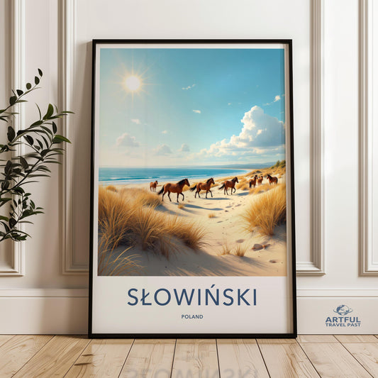 Wild Horses Beach Scene Wall Art, Coastal Landscape Art Print, Sunlit Sky Decor, Horse Poster, Ocean View Wall Hanging