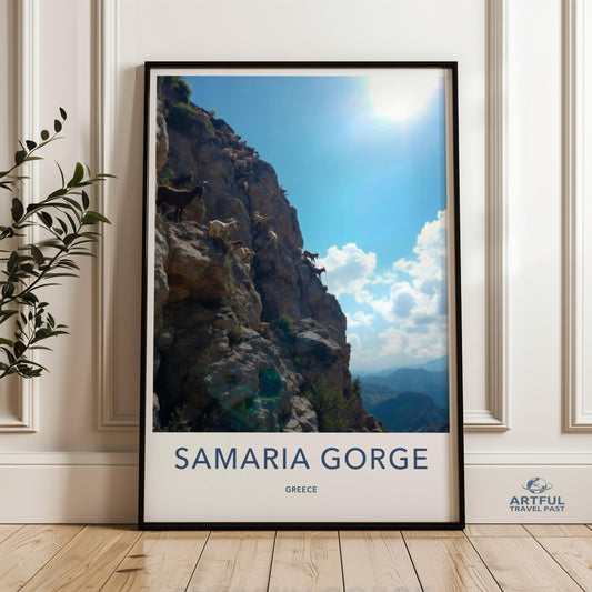 Scenic Samaria Gorge Wall Art, Landscape Greece Print, Nature Mountain Poster, Goat Herd Waterscape, Greek Sunset Decor