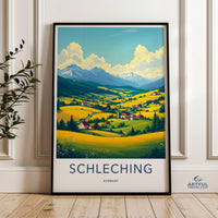 Schleching Germany travel poster, vintage landscape wall art, colorful countryside print, Alpine village decor, nature scenery artwork