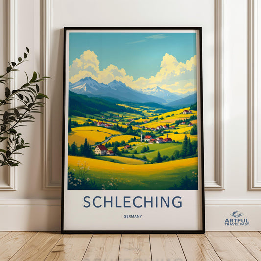 Schleching Germany travel poster, vintage landscape wall art, colorful countryside print, Alpine village decor, nature scenery artwork