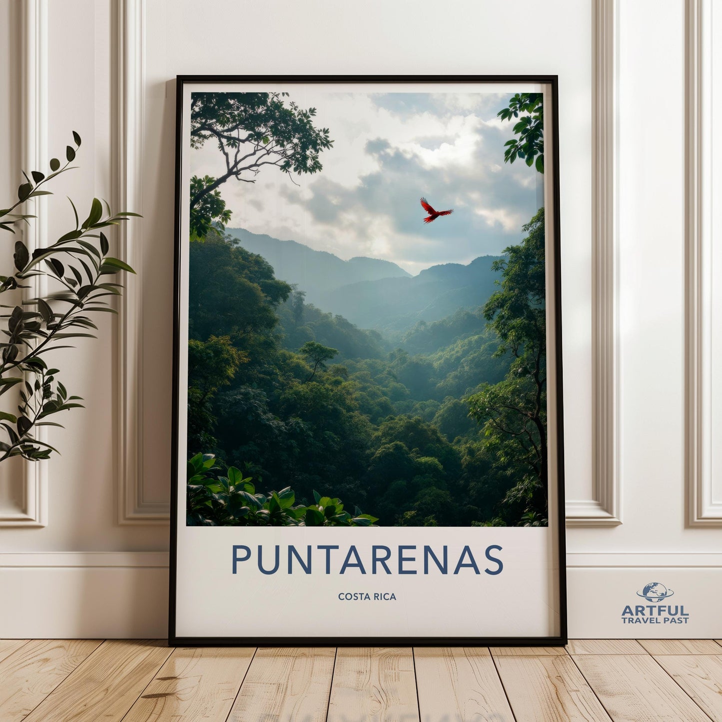 Tropical Puntarenas Costa Rica Jungle Wall Art, Scenic Nature Forest Travel Print, Adventure Wildlife Poster, Red Bird Mountain Decor