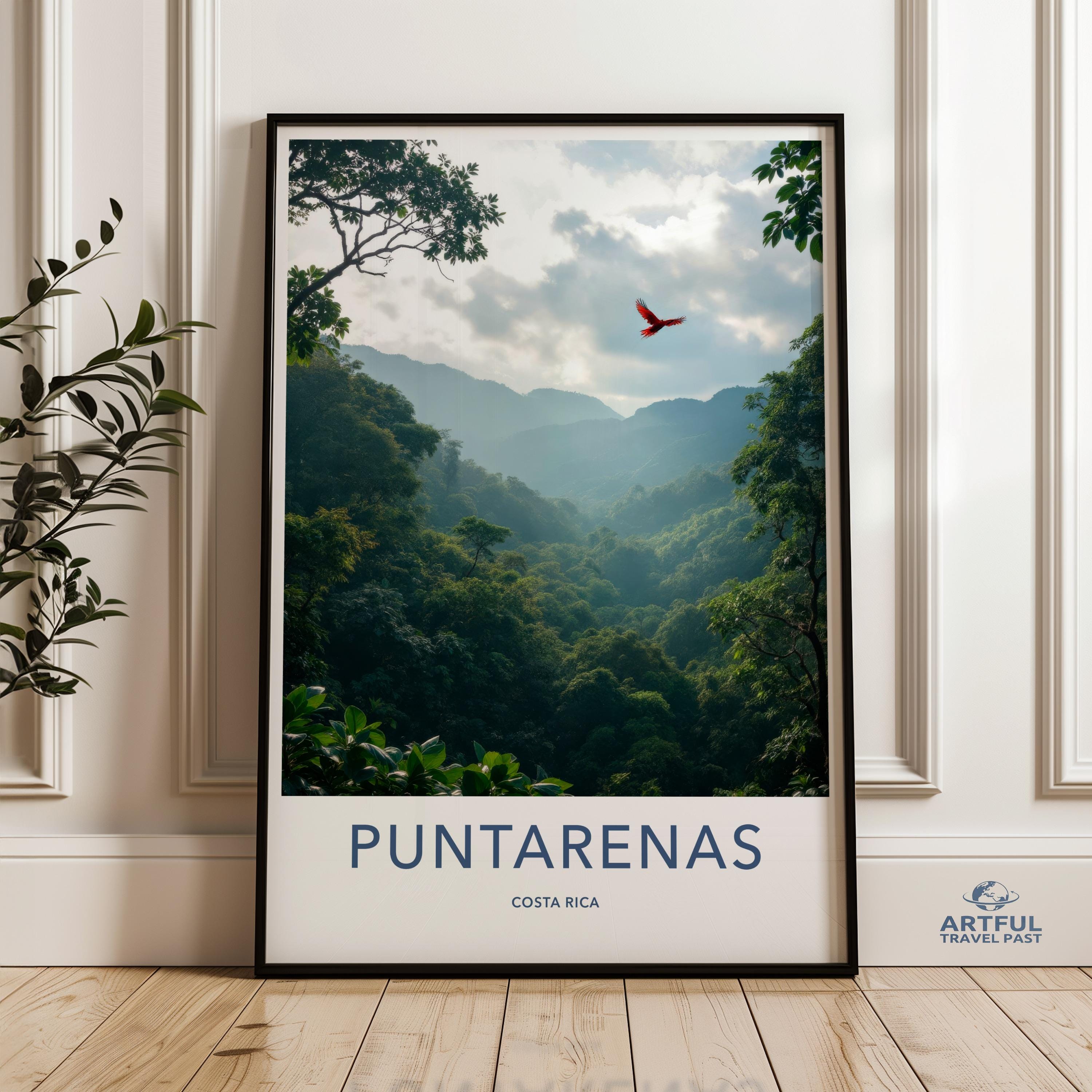 Tropical Puntarenas Costa Rica Jungle Wall Art, Scenic Nature Forest Travel Print, Adventure Wildlife Poster, Red Bird Mountain Decor