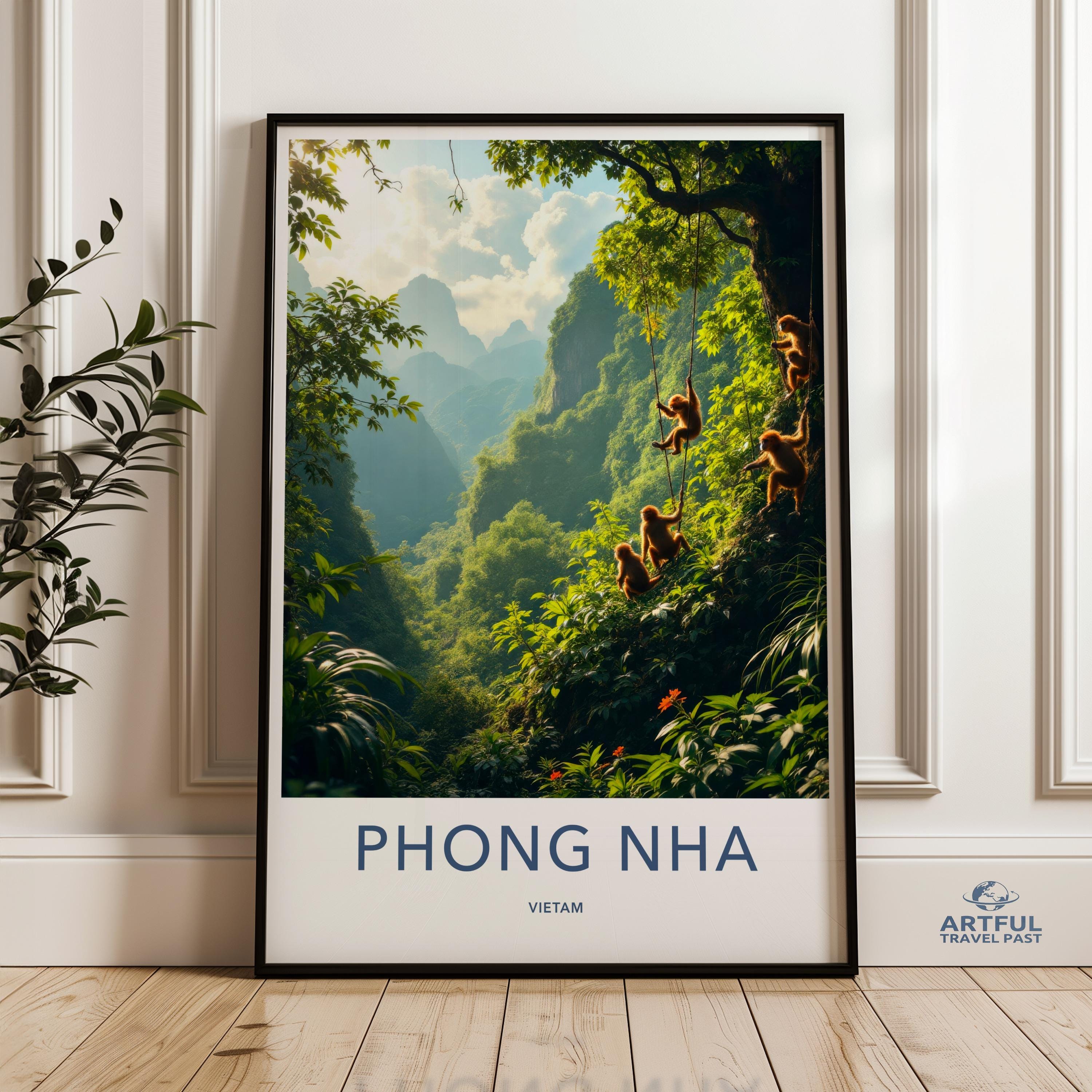 Phong Nha Vietnam Scenic Wall Art, Vintage Travel Poster, Nature Landscape Print, Jungle Monkeys, Greenery, Home Decor