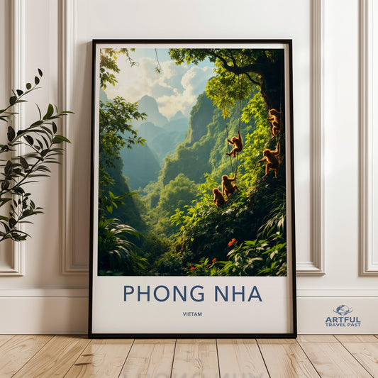 Phong Nha Vietnam Scenic Wall Art, Vintage Travel Poster, Nature Landscape Print, Jungle Monkeys, Greenery, Home Decor