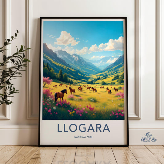 Llogara National Park Wall Art Horses in Meadow Scenic Landscape, Vibrant Nature Illustration, Serene Mountain Valley Poster