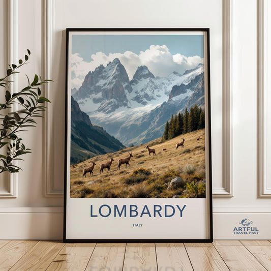 Lombardy Italy Wall Art, Mountain Landscape with Deer Poster, Alpine Wilderness Print, Nature Photography, Travel Art Decor