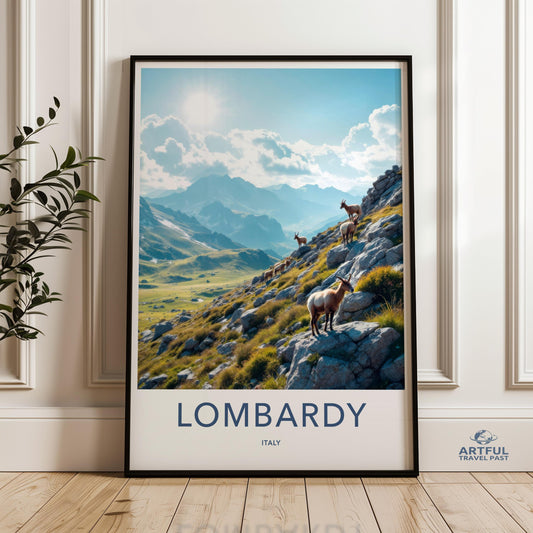 Lombardy Italy wall art, Mountain goats nature scene, Italian Alps photography print, Scenic wildlife home decor