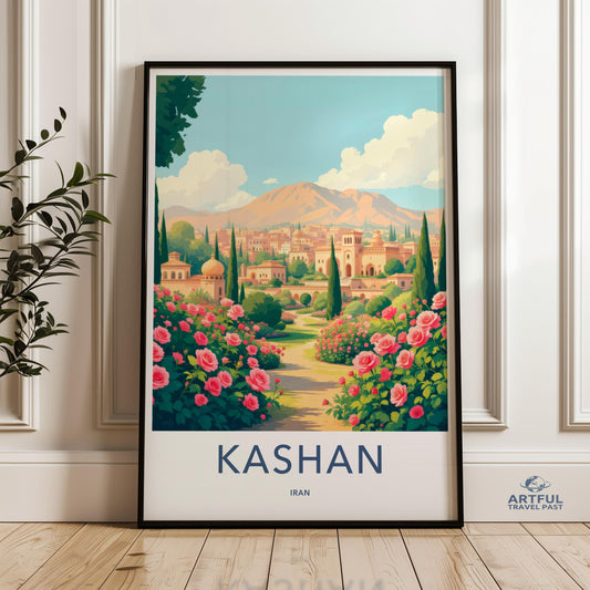 Kashan Wall Art, Iran Travel Poster, Vintage Landscape Print, Rose Garden Decor, Persian Architecture Art, Scenic Wall Decor