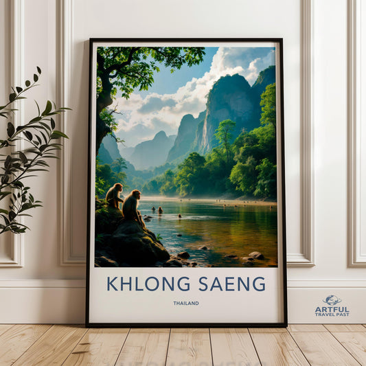 Khlong Saeng Wall Art, Thailand Landscape Poster, Scenic Nature Print, Tropical Jungle Artwork, Mountain River Decor, Monkey Oasis Picture
