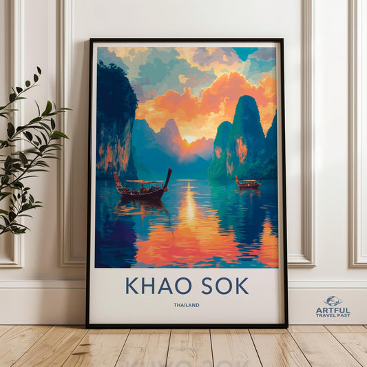 Khao Sok National Park Vintage Poster, Thailand Travel Art Print, Sunset Landscape Wall Decor, Nature Lover Gift, Southeast Asia Wall Art