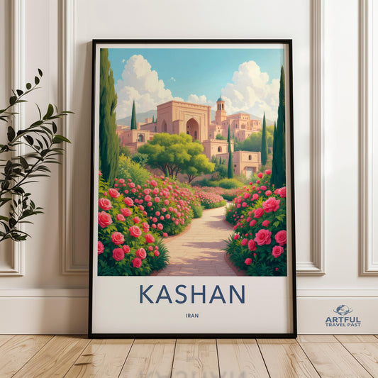 Kashan Iran Wall Art Print, Vintage Travel Poster, Floral Landscape Illustration, Home Decor, Middle Eastern Artwork