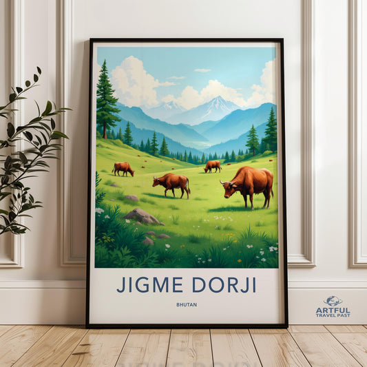 Scenic Cattle Grazing Wall Art, Mountain Landscape Poster, Nature Scene Print, Bhutan Countryside Decor, Alpine Meadows Painting