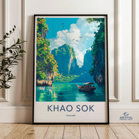 Khao Sok Thailand Wall Art, Boat in Scenic Lake Poster, Tropical Landscape Print, Travel Destination Artwork, Nature Home Decor