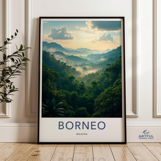 Borneo Malaysia Poster, Tropical Rainforest Wall Art, Nature Landscape Print, Misty Mountains Decor, Scenic View Artwork, Travel Photography