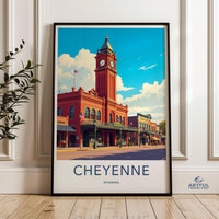 Vintage Cheyenne Wall Art Print, Retro Wyoming Town Decor, Historic Downtown Landscape, Cheyenne Clock Tower, Travel Art Poster