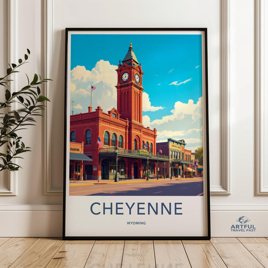 Vintage Cheyenne Wall Art Print, Retro Wyoming Town Decor, Historic Downtown Landscape, Cheyenne Clock Tower, Travel Art Poster