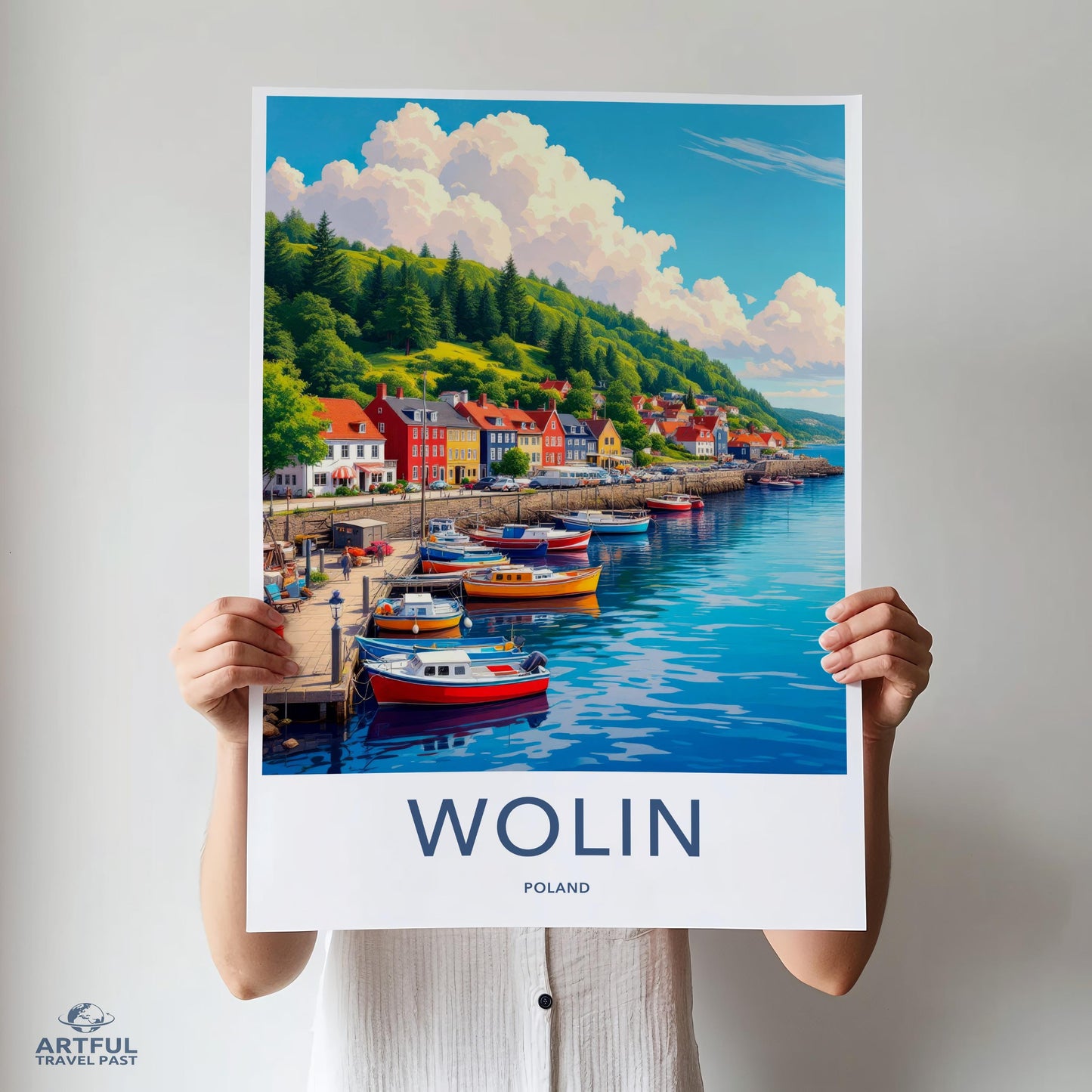 Wolin Poland Travel Poster, Coastal Town Art Print, Scenic Wall Decor, Colorful Harbor Artwork, Vibrant Landscape Illustration