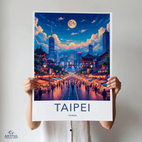 Taipei cityscape, Taiwan travel poster, vibrant Taipei skyline art, night view Taipei print, wall decor gift, Taiwan city art