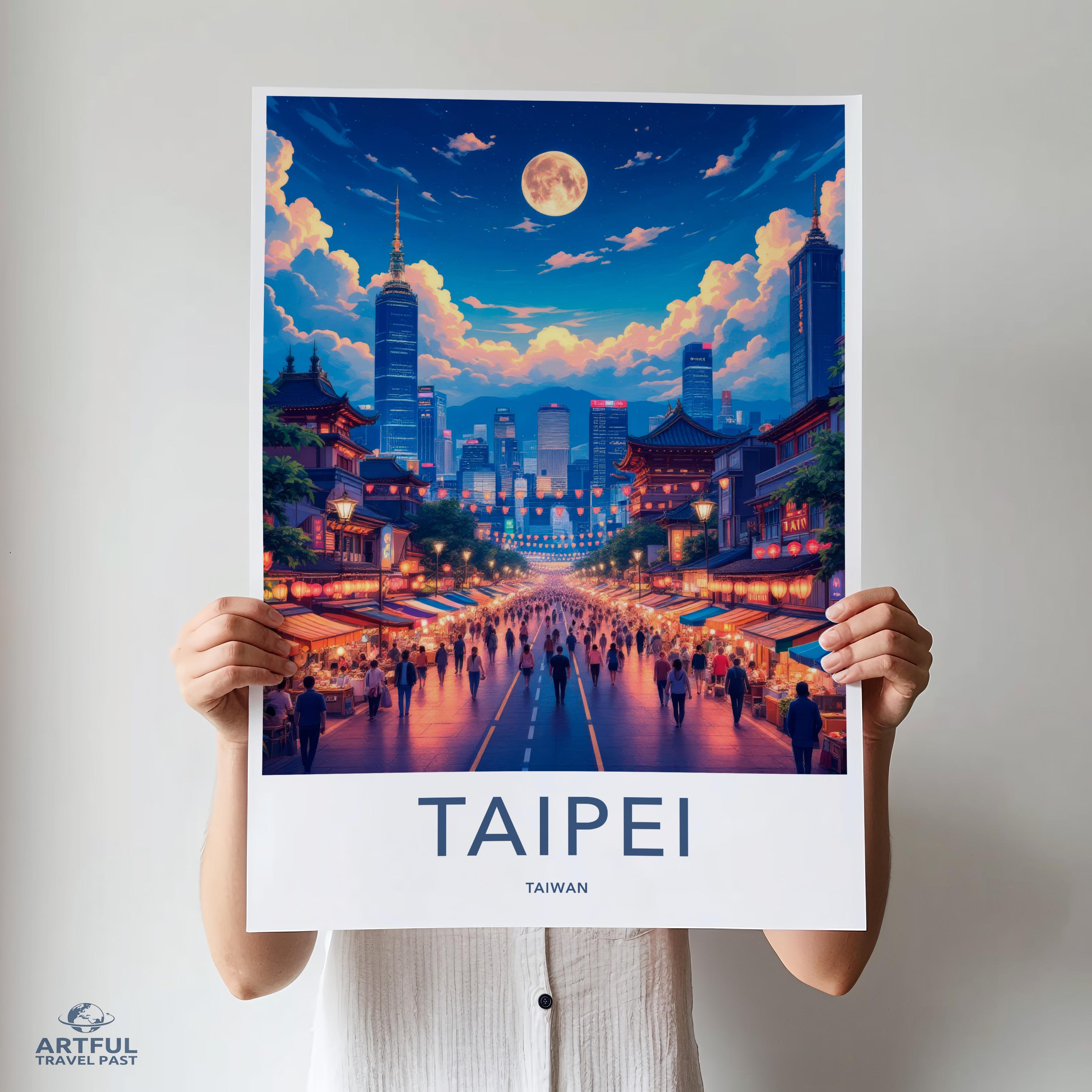 Taipei cityscape, Taiwan travel poster, vibrant Taipei skyline art, night view Taipei print, wall decor gift, Taiwan city art