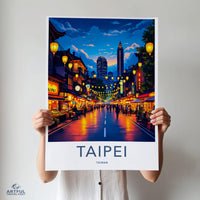Taipei City Nightscape Art Print, Taiwan Travel Poster, Vibrant Street Scene Wall Decor, Cityscape Illustration, Urban Art Decor