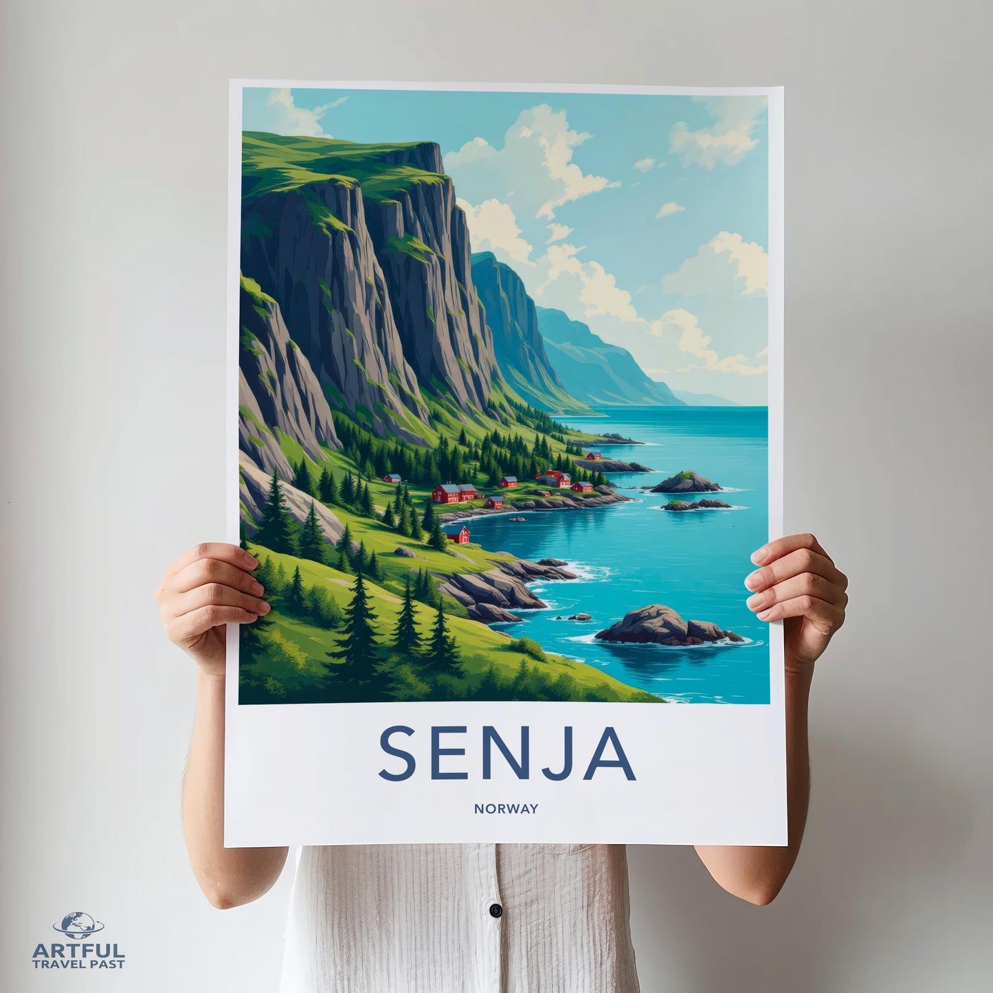 Senja Norway Travel Poster, Vintage Landscape Art Print, Scandinavian Wall Decor, Nature Illustration, Beautiful Coastal Scenery
